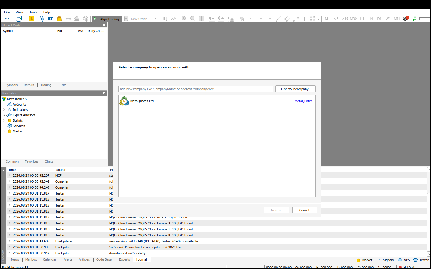 หน้าจอ MetaTrader 5 ที่รันอยู่บน ok24fx